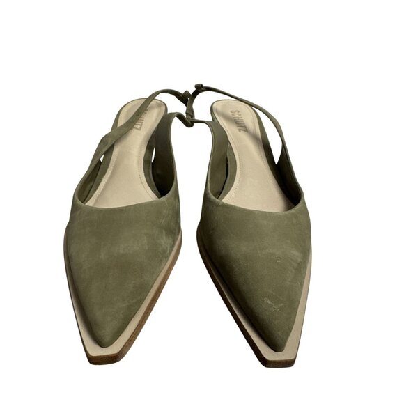 Schutz Olive Green Suede Pointed Toe Slingback Kitten Heels Size 8 - Picture 5 of 10